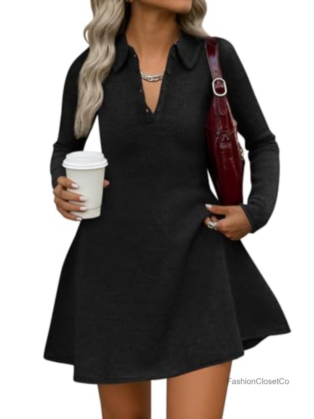 Women's Knit A-Line Sweater Dress Long Sleeve V-Neck Button Front Preppy Mini